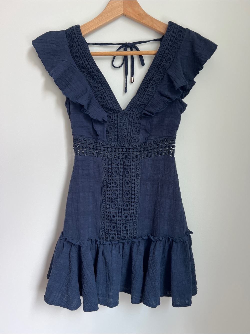 Blue Rain | 100% Cotton Navy V-Neck Crochet Trim Mini Dress Size XS